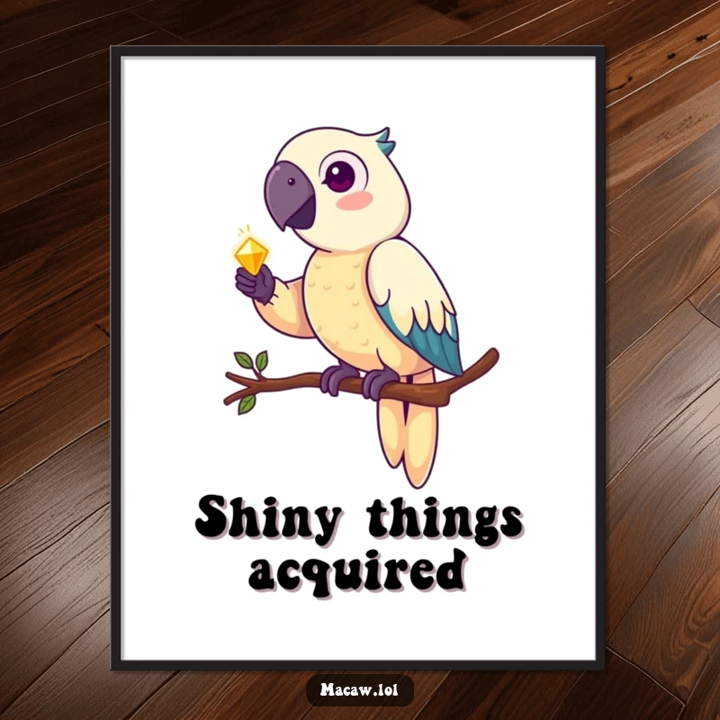 Funny macaw poster, a detailed illustration of a pirate parrot perched on a branch, guarding a pile of shiny, glittering treasure.