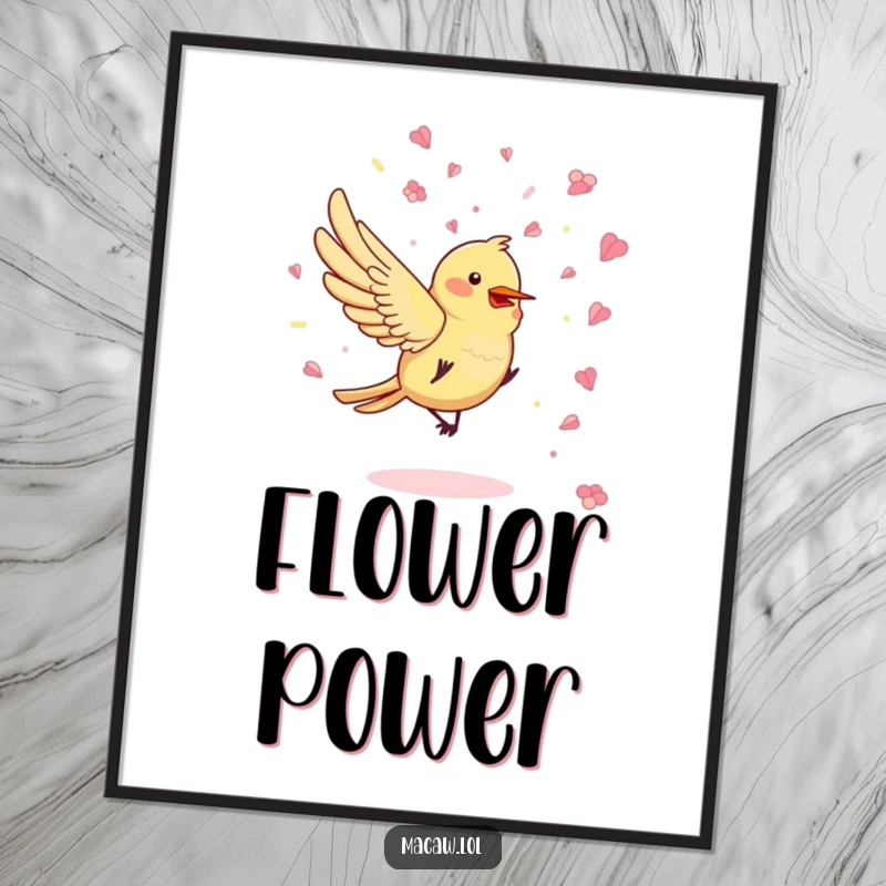 Funny Petal Party Bird Poster capturing a bird in the act of playfully throwing confetti made of delicate flower petals.