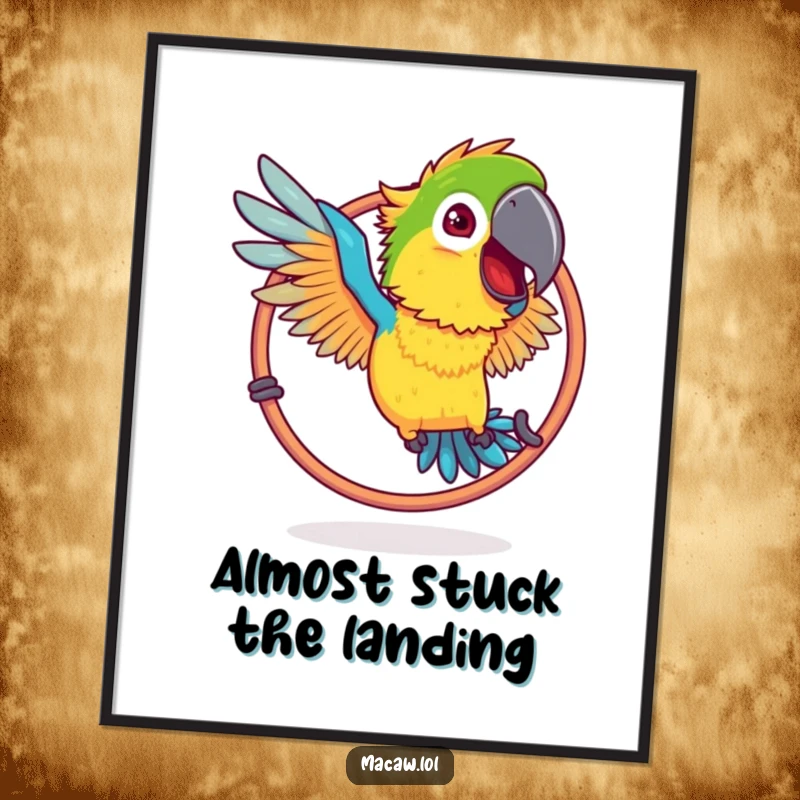 Funny Ruffled Macaw Hoop Poster: A bird with ruffled feathers humorously attempting to fly through a hoop.