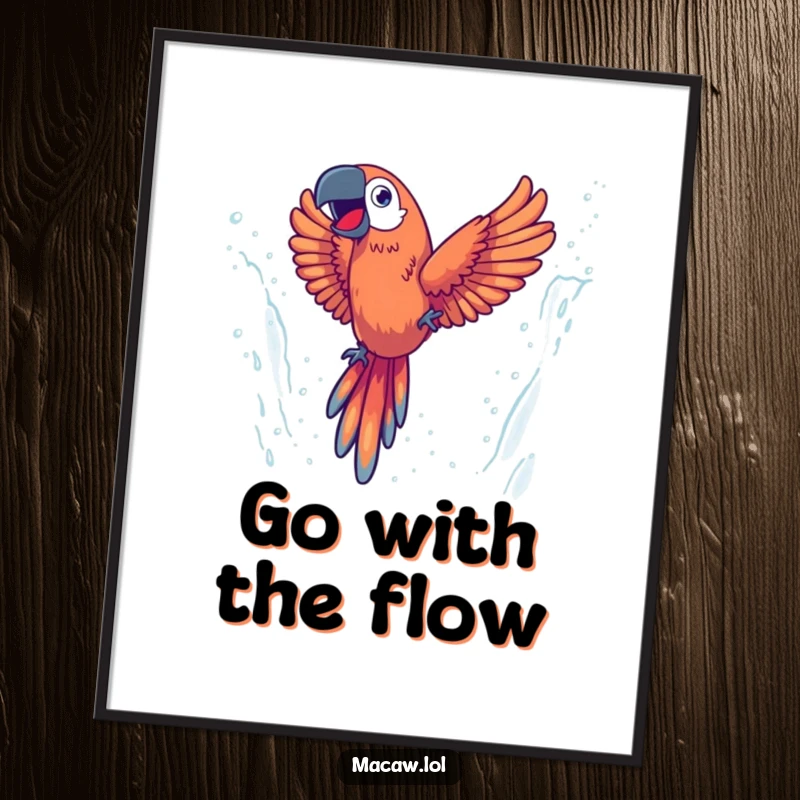 Funny poster art of an energetic macaw diving with glee through a misty waterfall, perfect for adding adventurous decor.