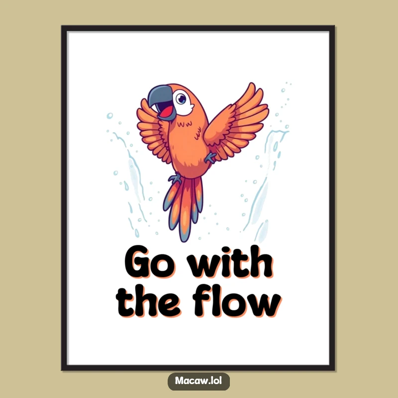 Funny Energetic Macaw Poster, Thrilling Waterfall Art for Your Space