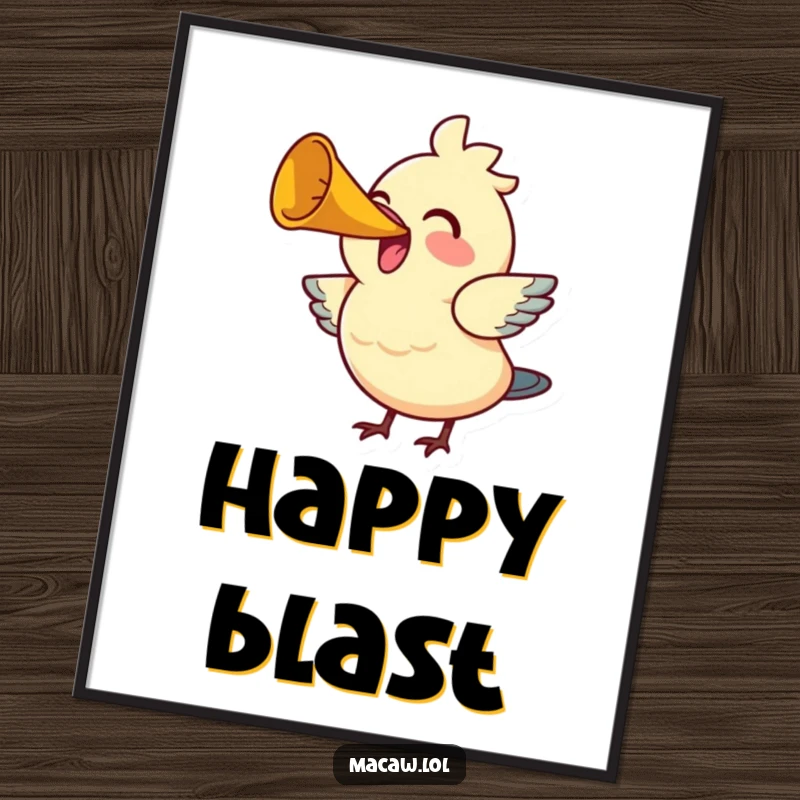 Funny Bird Horn Poster: A happy bird enthusiastically honks a small horn, creating a lively and humorous piece of wall art.