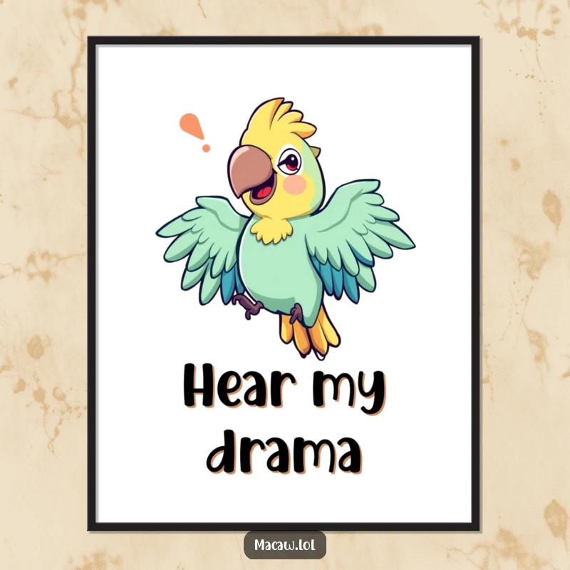 Funny poster art of an expressive macaw bird with exaggerated wing movements, caught mid-sentence while storytelling.