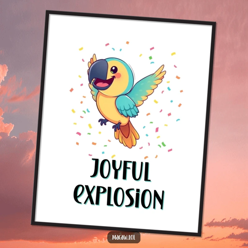 Funny Macaw Poster: A joyful macaw bird with a comically large smile flies through colorful confetti, adding celebratory humor to decor.