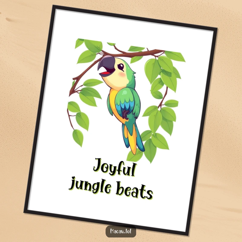 Funny macaw poster showing a delighted bird swinging on a vine and singing loudly, creating a joyful scene.