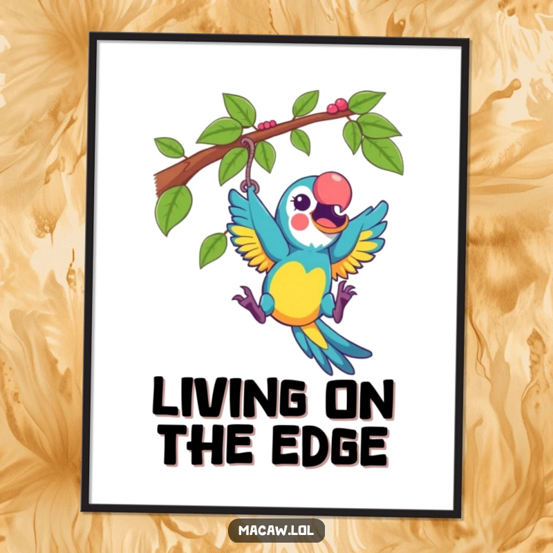 Funny macaw playfully swinging from a vine with excitement, as humorous wall art on a poster.