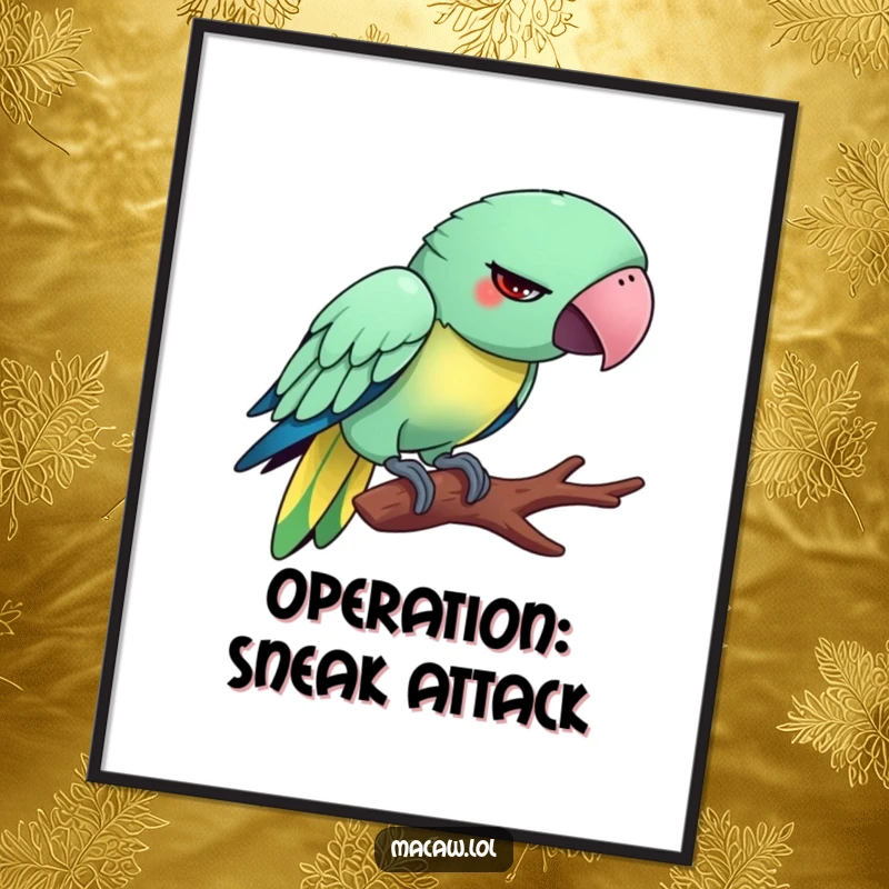 Funny Tiptoeing Macaw Poster: A silly macaw bird with a funny, exaggerated expression, comically tiptoeing on a branch.