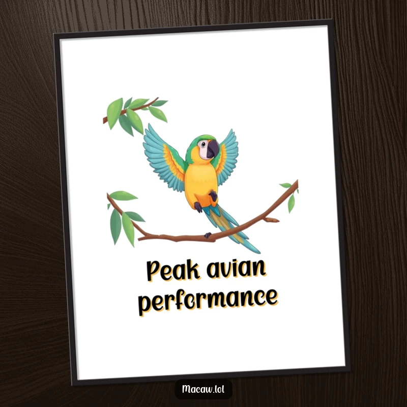 Funny macaw poster capturing a bird in a dynamic, dramatic leap, showcasing its agility and adventurous spirit on your wall.