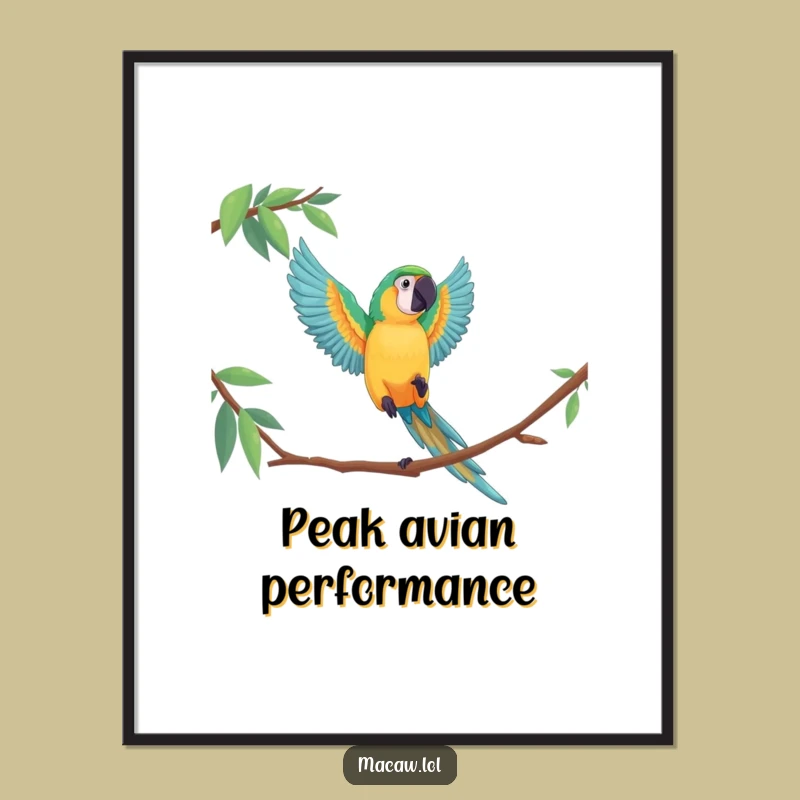 Funny Macaw Leap Poster, Dramatic Bird Art Print, Vibrant Funny Gift for Wall Decor