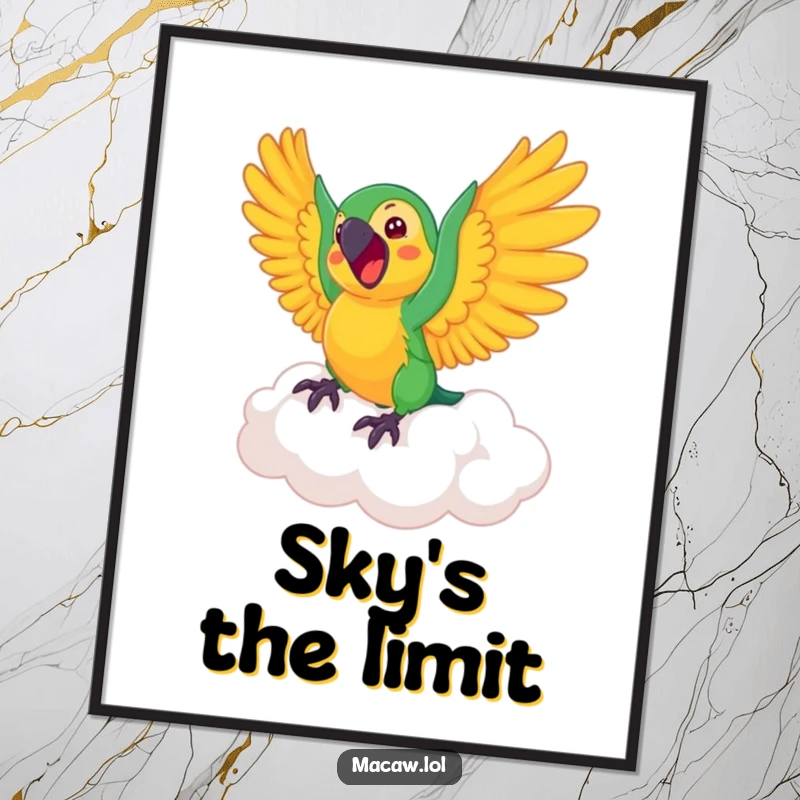 Funny Macaw Poster: Whimsical artwork of an excited macaw bird riding a fluffy, bouncing cloud.