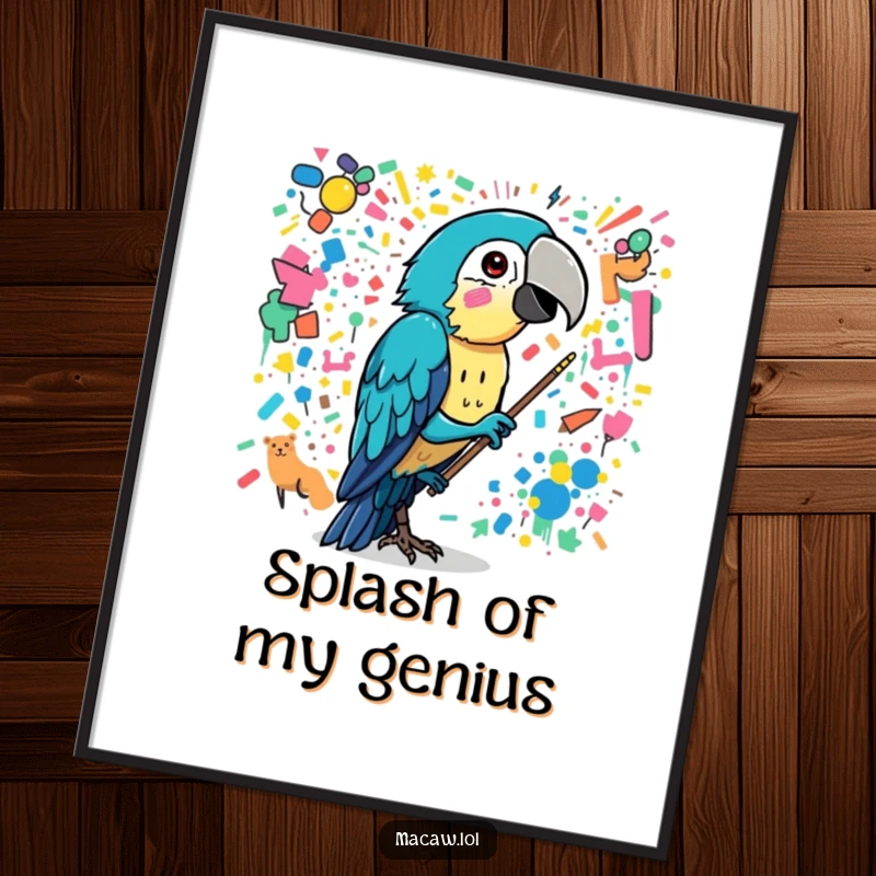 Funny macaw bird painting a chaotic, colorful mural with its beak, a vibrant and humorous art print.