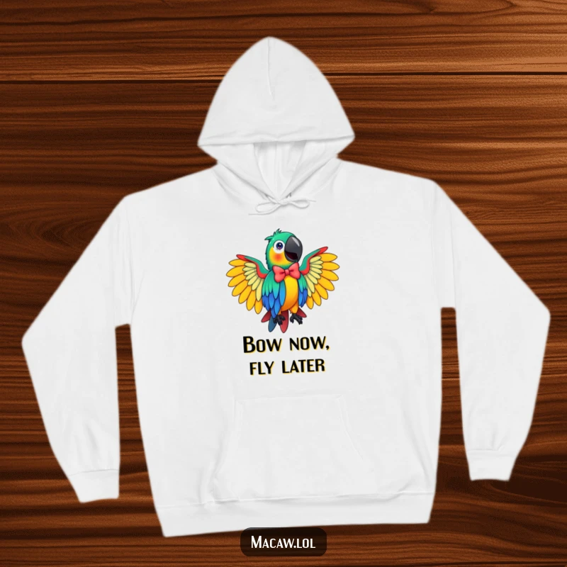 Funny Macaw Hoodie illustrating a flamboyant bird in a show-stopping bow pose, perfect for cozy, humorous wear.