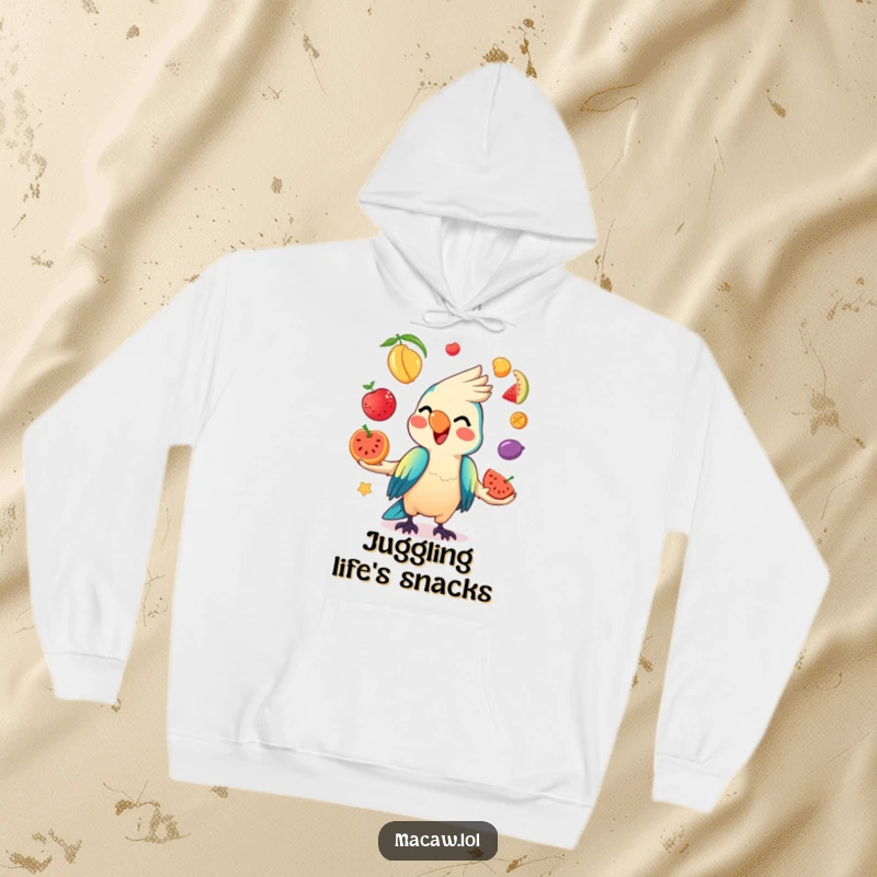 Funny Kawaii Macaw Hoodie showing a mischievous macaw artistically juggling colorful fruits, looking very pleased.