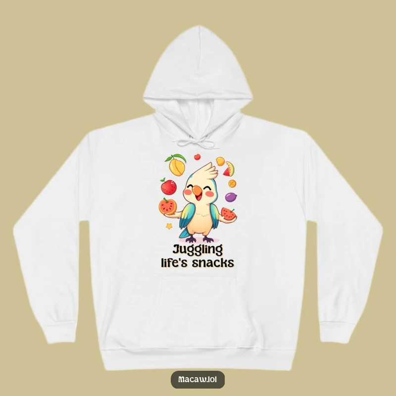 Cozy Funny Kawaii Macaw Fruit Juggling Hoodie: Stay Warm with Bird's Hilarious Act!