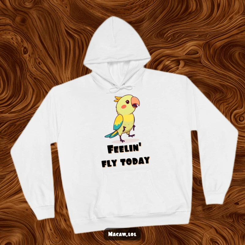 Funny kawaii macaw bird in a lively hop dance pose, printed on a warm, cozy hoodie, perfect for spreading cheer and comfort.