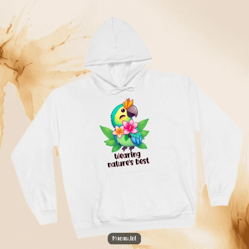 Funny macaw hoodie depicting a vibrant bird offering a shimmering tropical flower, providing comfort and style.