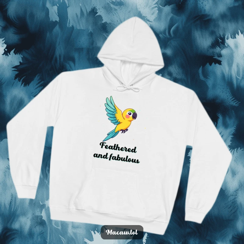 Funny macaw hoodie, a majestic bird flying amidst a cascade of shimmering, iridescent glitter, radiating happiness and warmth.