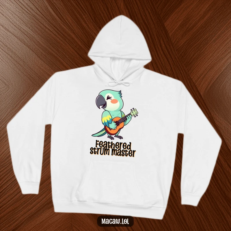 Funny macaw playing a mini ukulele with a mischievous wink, depicted on a warm and cozy hoodie.