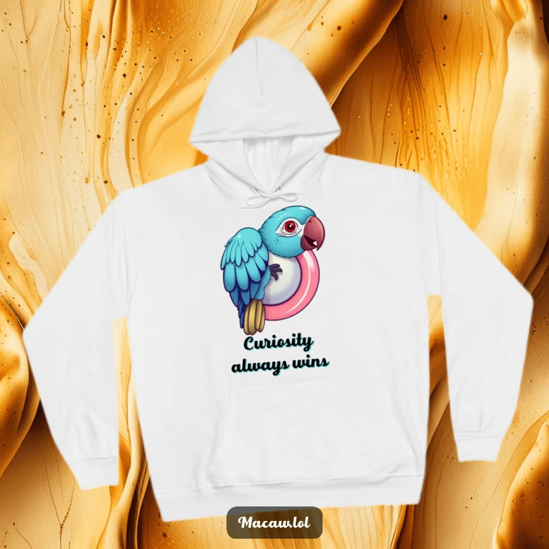 Funny Macaw Hoodie: A curious macaw bird pecks playfully at a large, shiny button, full of charm.