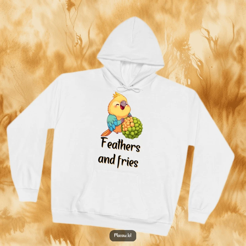 Funny Chubby Macaw Hoodie: A plump, happy macaw enjoying a huge seed, depicted with humorous glee on a comfortable hoodie.