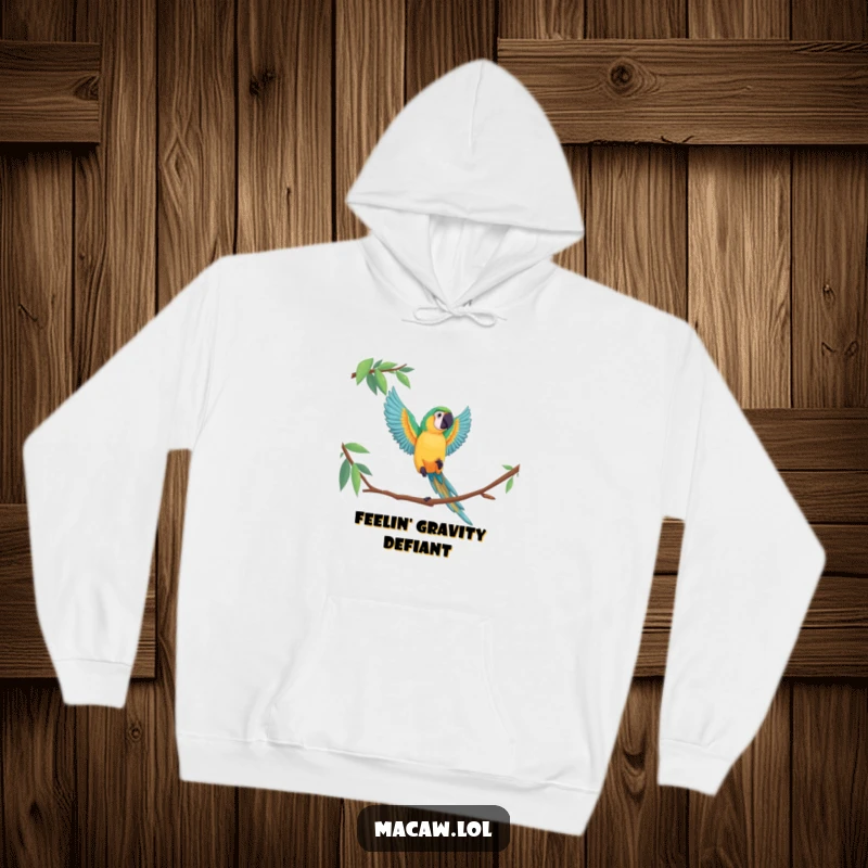 Funny macaw hoodie depicting a bird in a thrilling, dramatic leap between perches, embodying excitement and freedom.