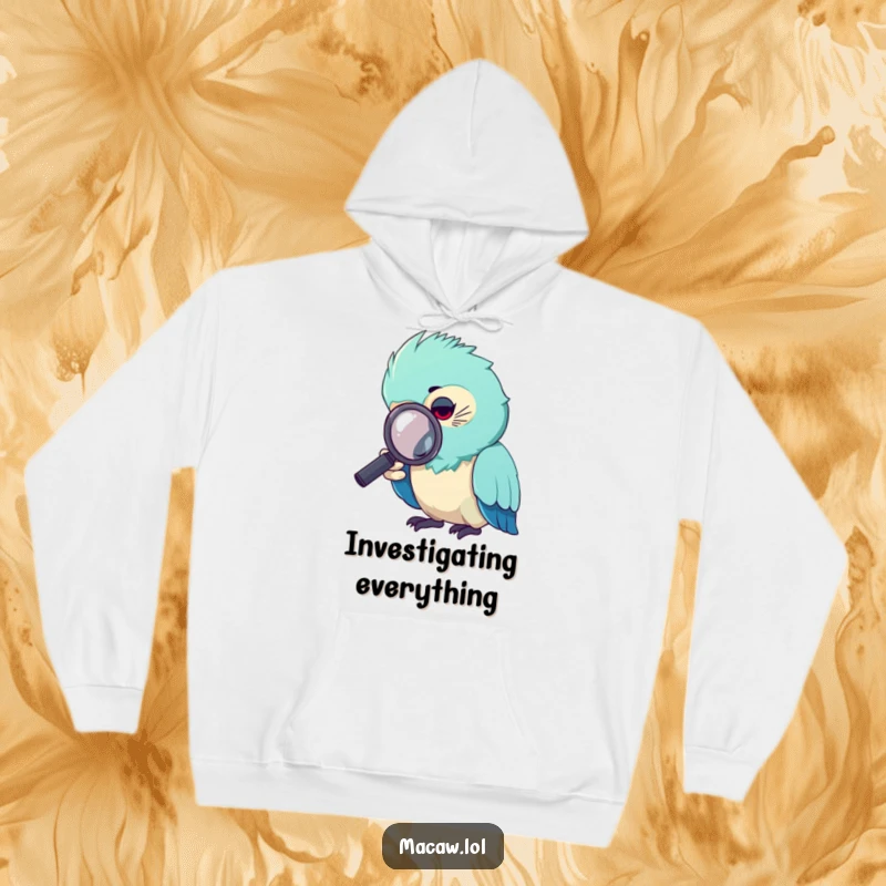 Funny macaw hoodie, a macaw bird holding a magnifying glass, looking closely at a small detail.