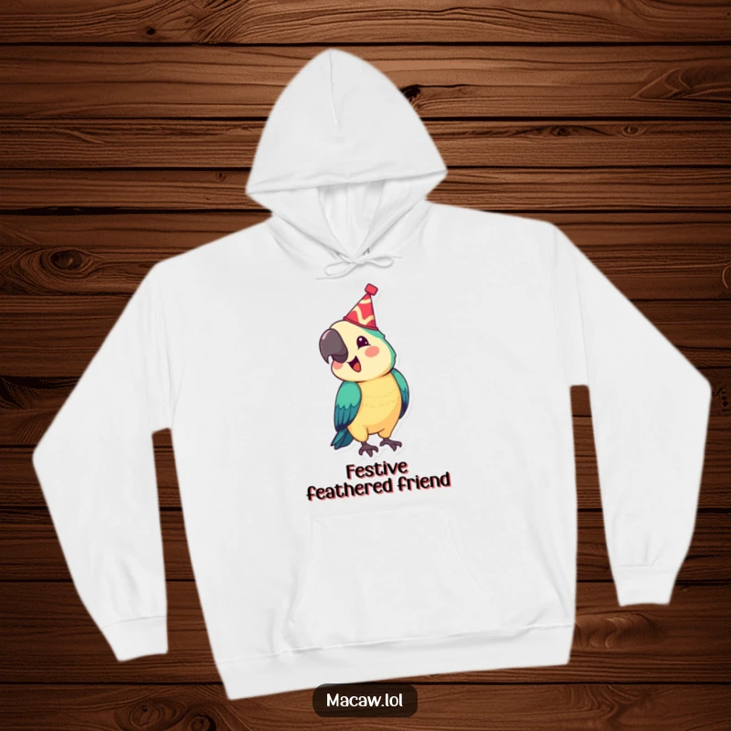 Funny hoodie featuring a festive macaw wearing a tiny hat, bobbing its head joyfully, a humorous and celebratory animal design, great for a funny gift.
