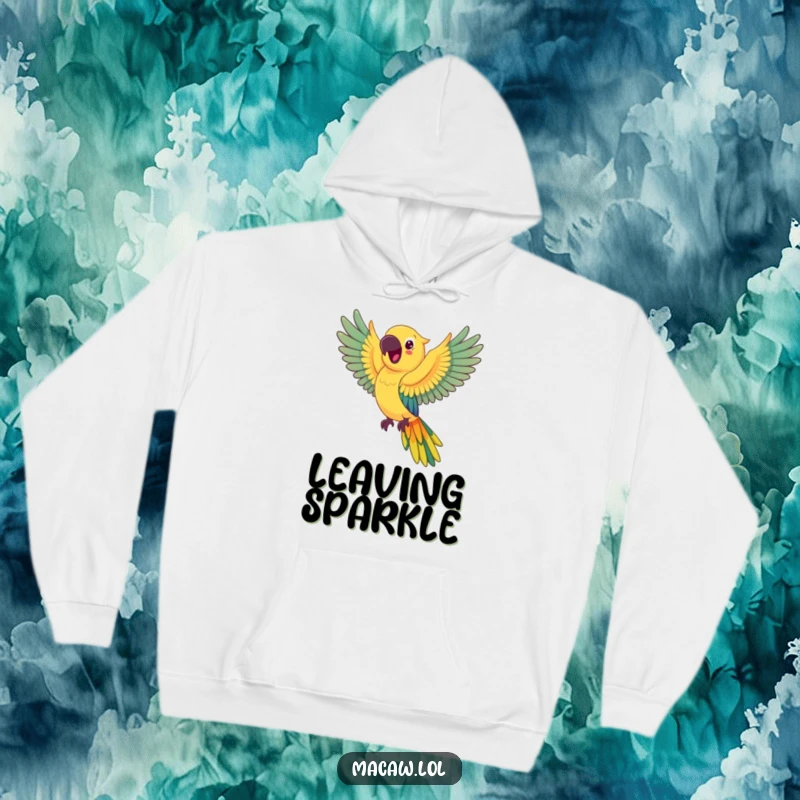 Funny happy macaw hoodie, a vibrant macaw flapping its wings, leaving a beautiful, flowing rainbow trail.