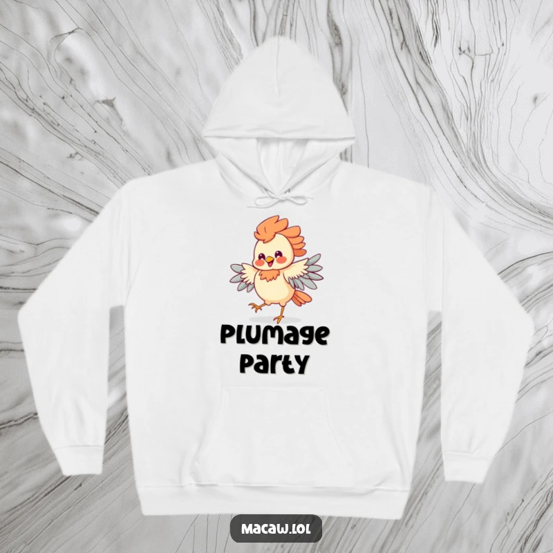 Funny Jigging Bird Hoodie showcasing a bird with detailed feathers dancing energetically with a very silly and happy grin.