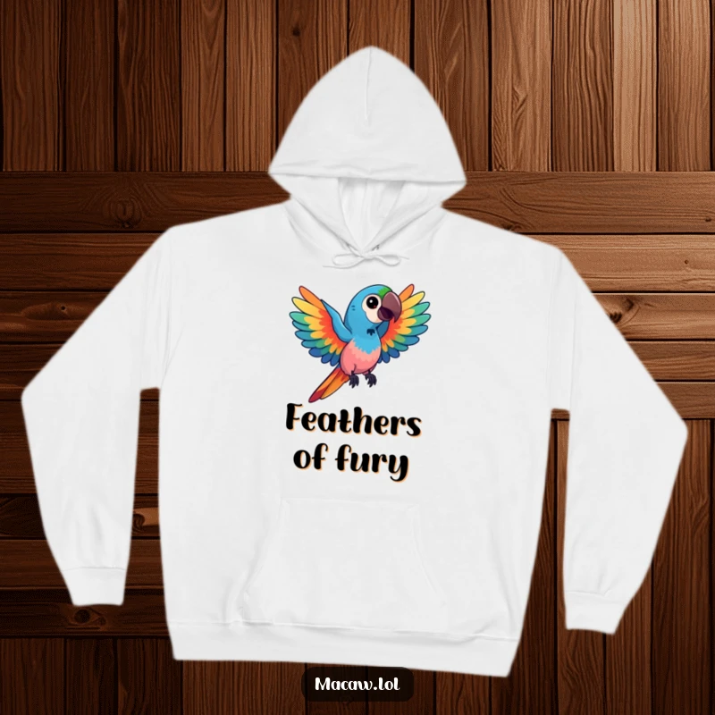Funny kawaii macaw hoodie, featuring a bird with spread wings showing vibrant, swirling colors, offering cozy artistic expression, a wonderful funny gift.