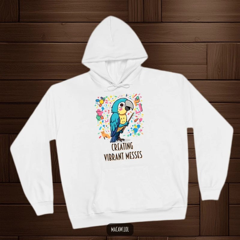 Funny macaw bird creating a chaotic, colorful mural with its beak, a cozy and artistic hoodie.