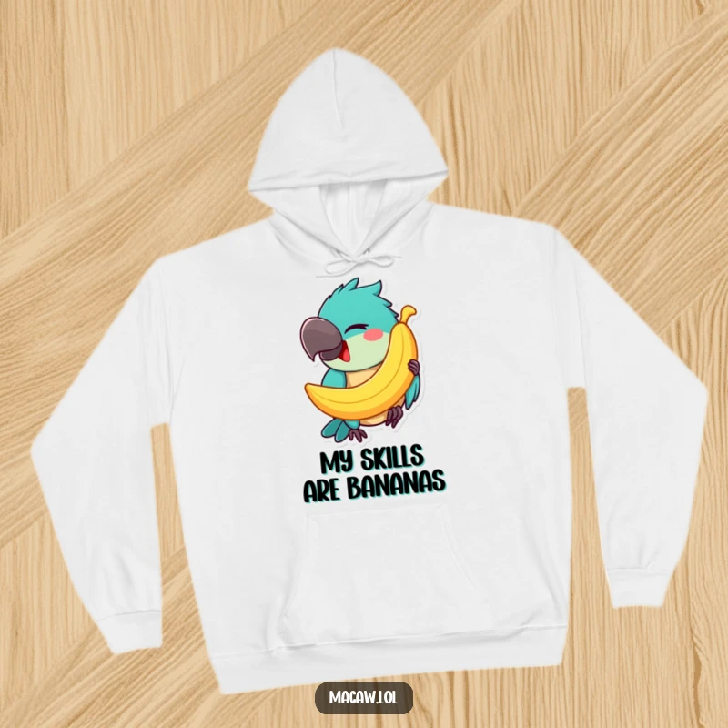 Funny Macaw Hoodie: A happy macaw winks mischievously, balancing a banana on its beak, a humorous and warm piece of apparel.