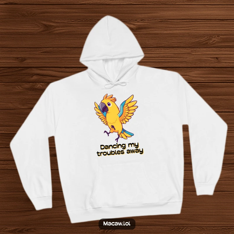 Funny macaw bird hoodie, stylized bird dancing with fanned tail feathers, energetic, cozy, humorous, gift idea.
