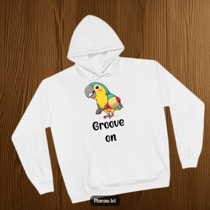 Funny Macaw Hoodie: A cheerful macaw with a wide smile enthusiastically shakes a maraca, a vibrant and humorous addition to your wardrobe.