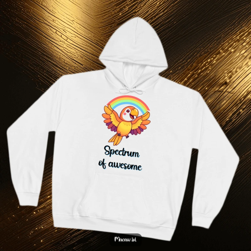 Funny Macaw Hoodie: A cheerful macaw bird with outstretched wings creates a vibrant rainbow arc, offering cozy and colorful comfort.