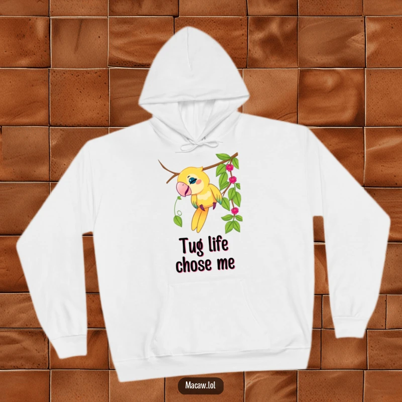 Funny macaw bird hoodie, playful bird tugging on a dangling vine, cozy, jungle theme, humorous, perfect gift.