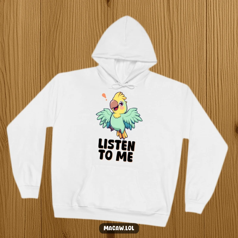 Funny hoodie featuring an expressive macaw bird with exaggerated wing movements, mid-storytelling, cozy and fun.