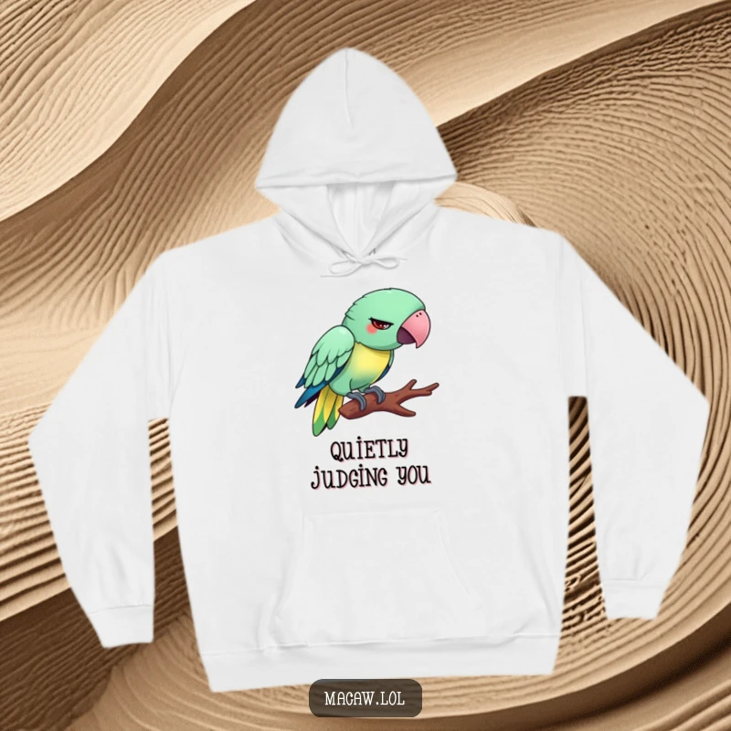Funny Tiptoeing Macaw Hoodie: A silly macaw bird with a funny, exaggerated expression, attempting to tiptoe stealthily on a branch.