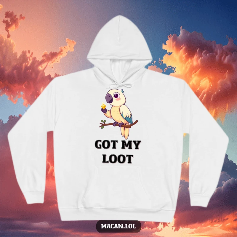 Funny macaw hoodie, a pirate parrot perched on a branch, fiercely guarding a pile of shiny, gleaming treasure.