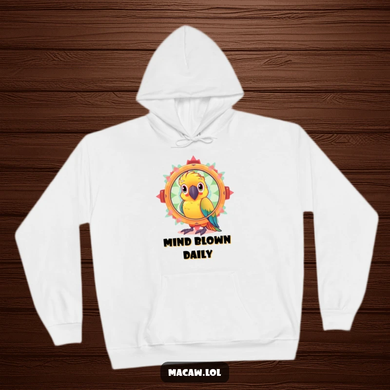 Funny hoodie featuring a curious macaw bird looking through a large, sparkling kaleidoscope, filled with wonder and colorful designs.