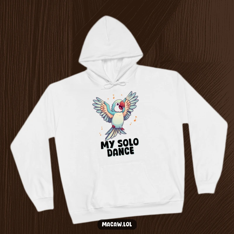 Funny Hoodie featuring a happy macaw with wings spread wide, dancing energetically to music, offering cozy comfort and style.
