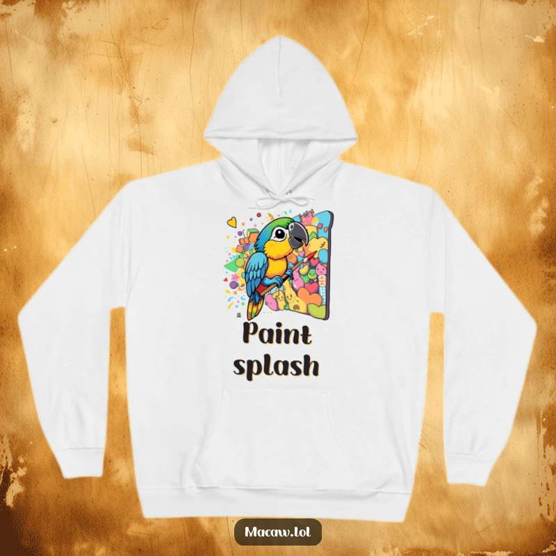 Funny Macaw Artist Hoodie: A colorful macaw beak splashes paint onto a canvas, creating a vibrant and chaotic mural, a cozy art statement.