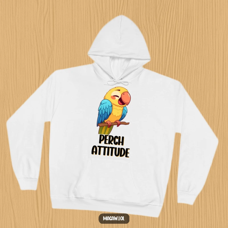 Funny Macaw Face Hoodie: A cute macaw with a funny expression, perched precariously on a new spot, perfect for cozy laughs.