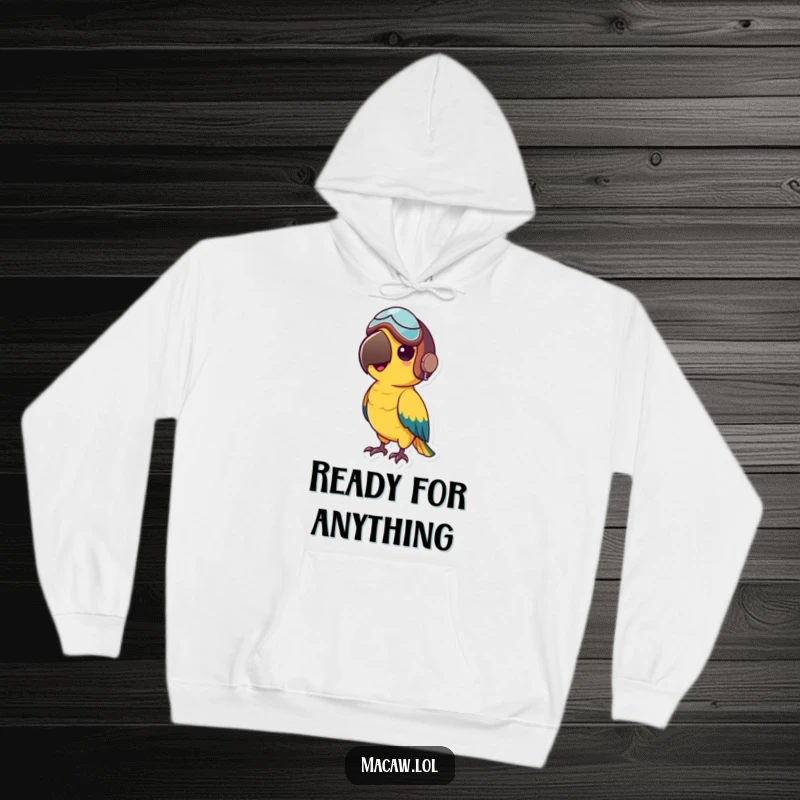 Funny hoodie featuring a small macaw bird in a tiny aviator helmet, ready for any adventure, cozy and fun.