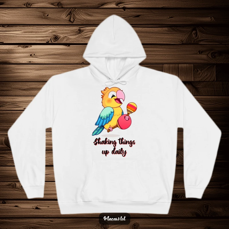 Funny macaw bird shaking a maraca with infectious enthusiasm and a big smile, a cozy hoodie.