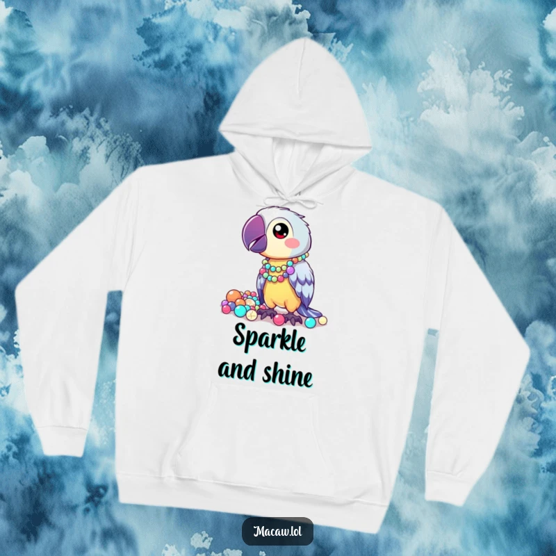 Funny Hoodie featuring a kawaii macaw proudly showing off a collection of shiny, mismatched beads, offering cozy comfort and quirkiness.