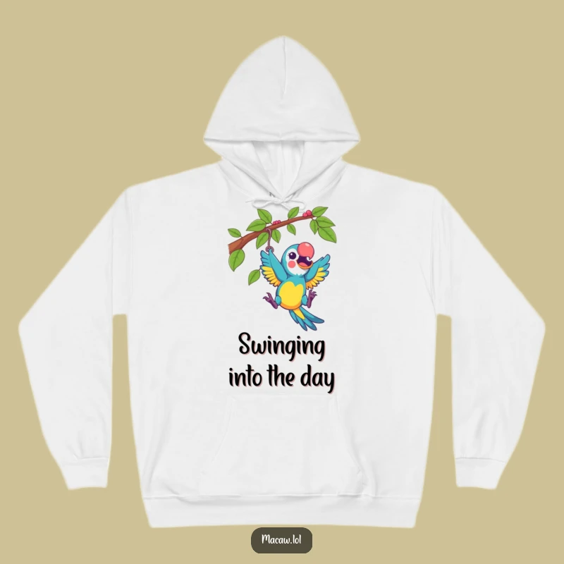 Funny Excited Macaw Swinging Hoodie - Cozy Humorous Gift for Playful Souls