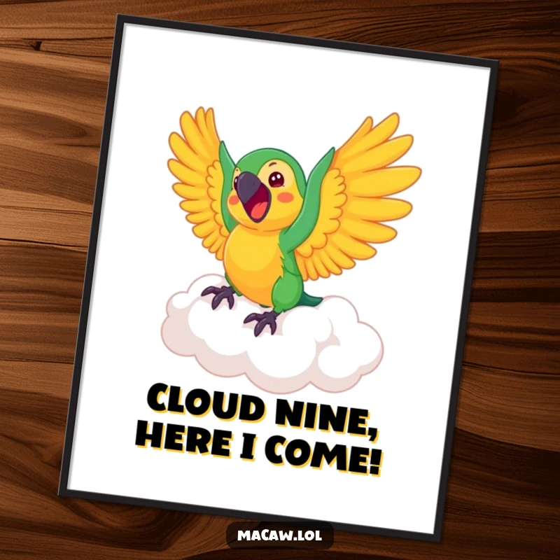 Funny Free Printable Wall Art: A macaw bird enthusiastically rides a fluffy, bouncing cloud, wings flapping with pure joy.