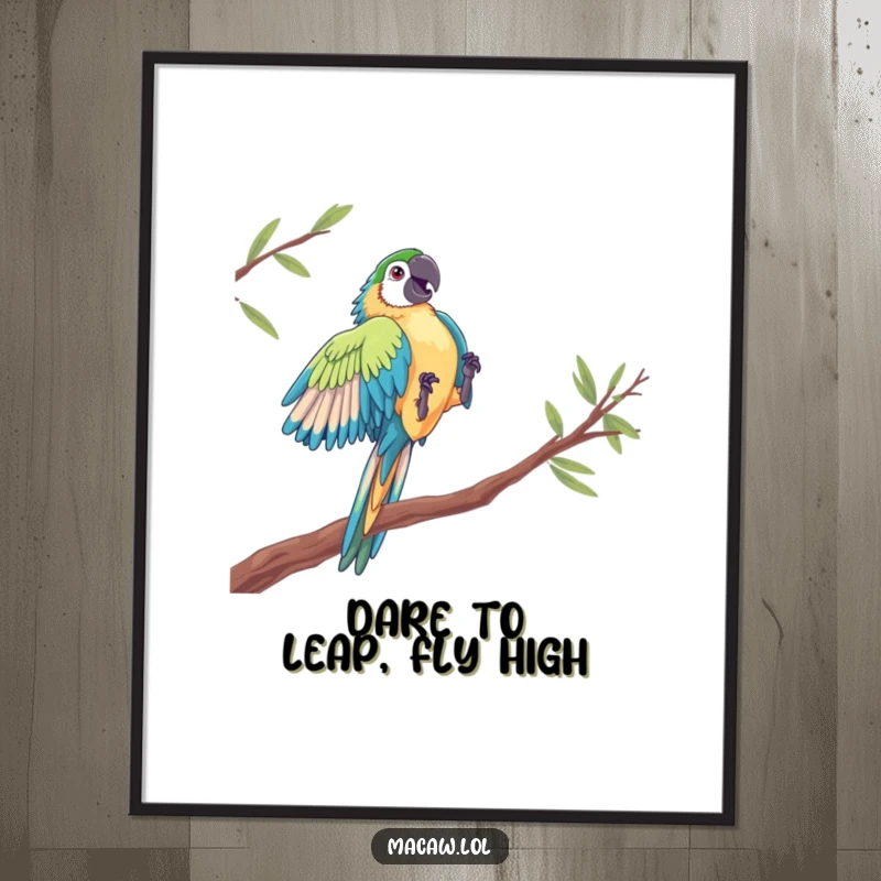 Funny Free Printable Wall Art: A macaw in a dramatic mid-air leap between perches, showcasing agility and excitement.