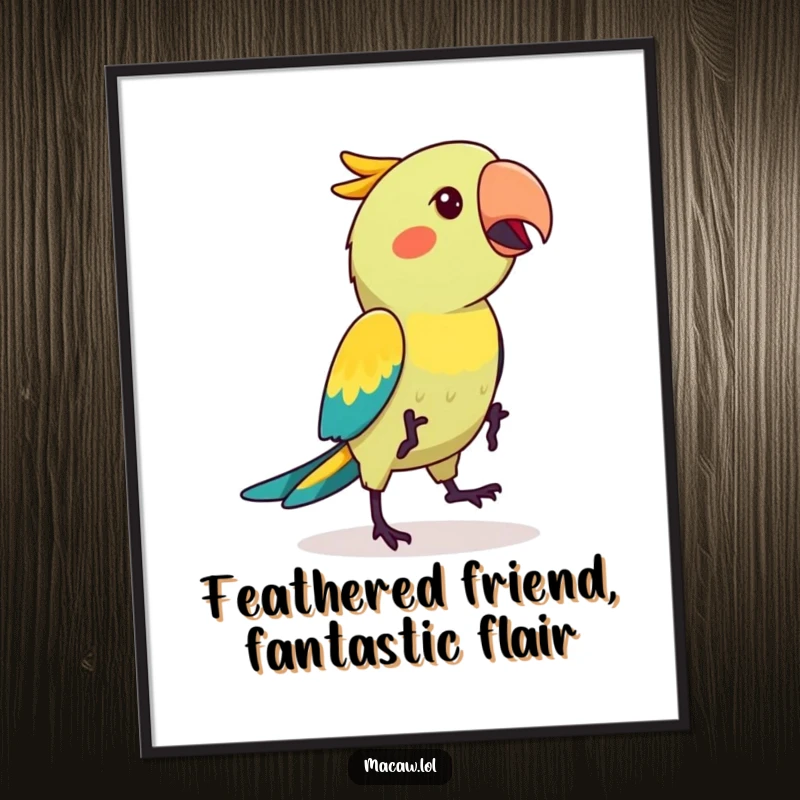 Funny Free Printable Wall Art: Kawaii macaw bird captured mid-silly hop dance, a vibrant and humorous statement piece.